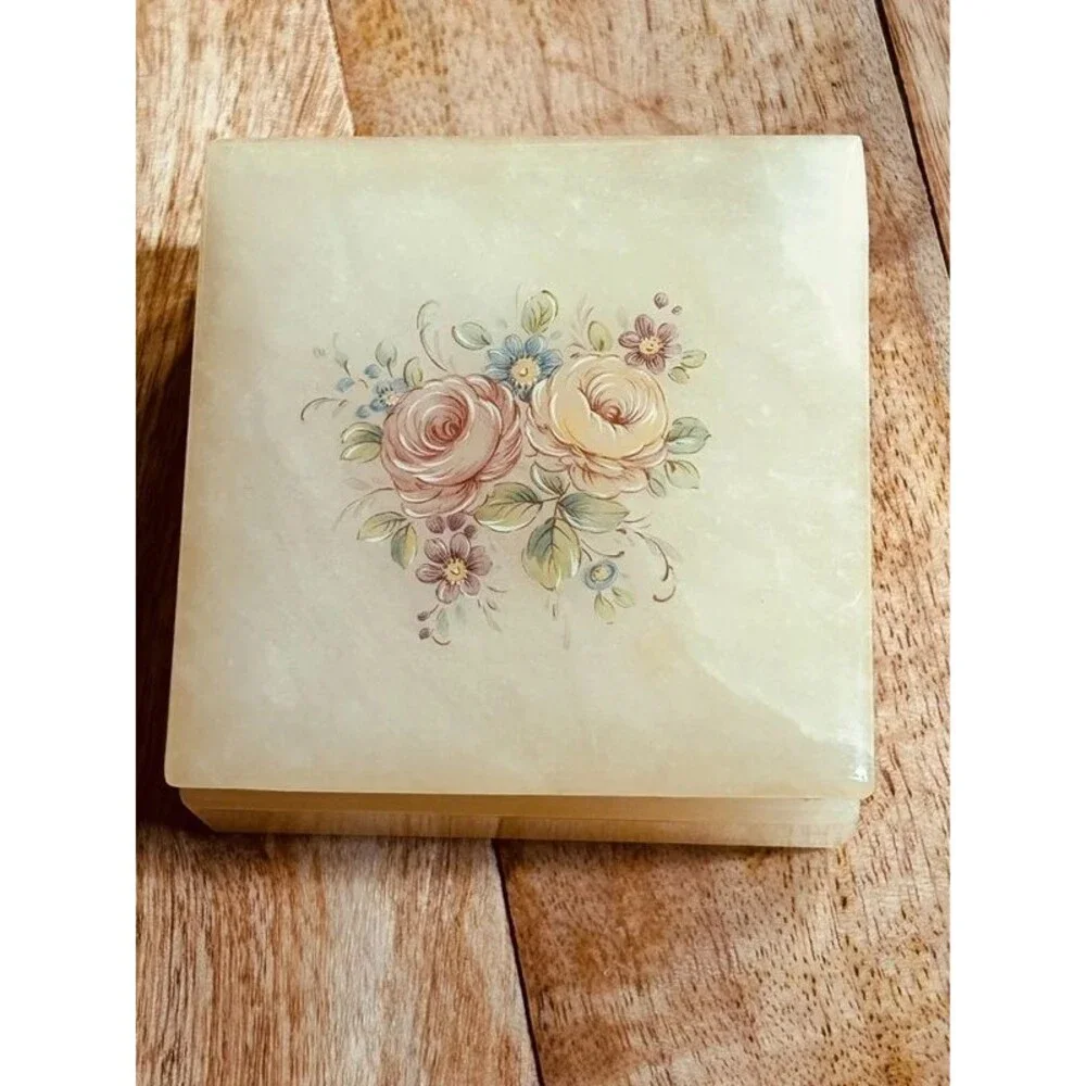 Vintage Italian Handpainted Rose Motif Alabaster Hinged Trinket Box Italy